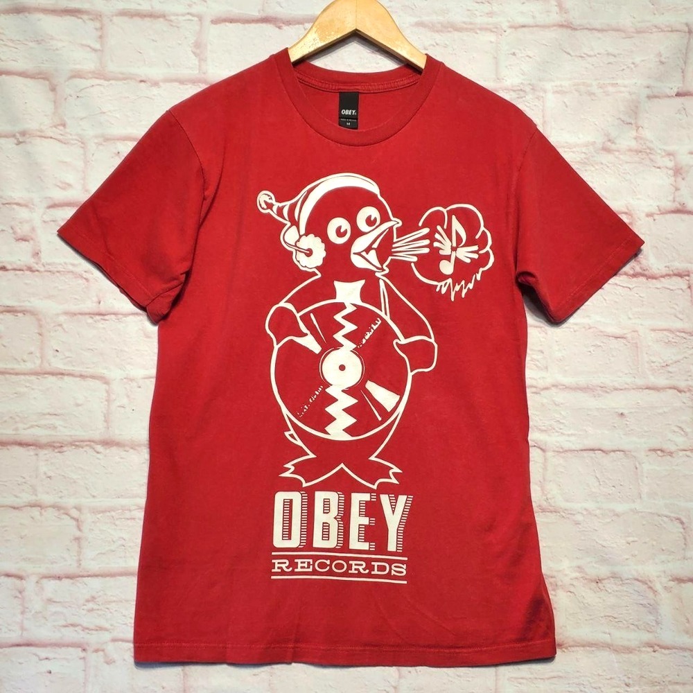 Obey Records Shirt Mens Medium Red Graphic Penguin Music Tee‎ Urban Skate Punk